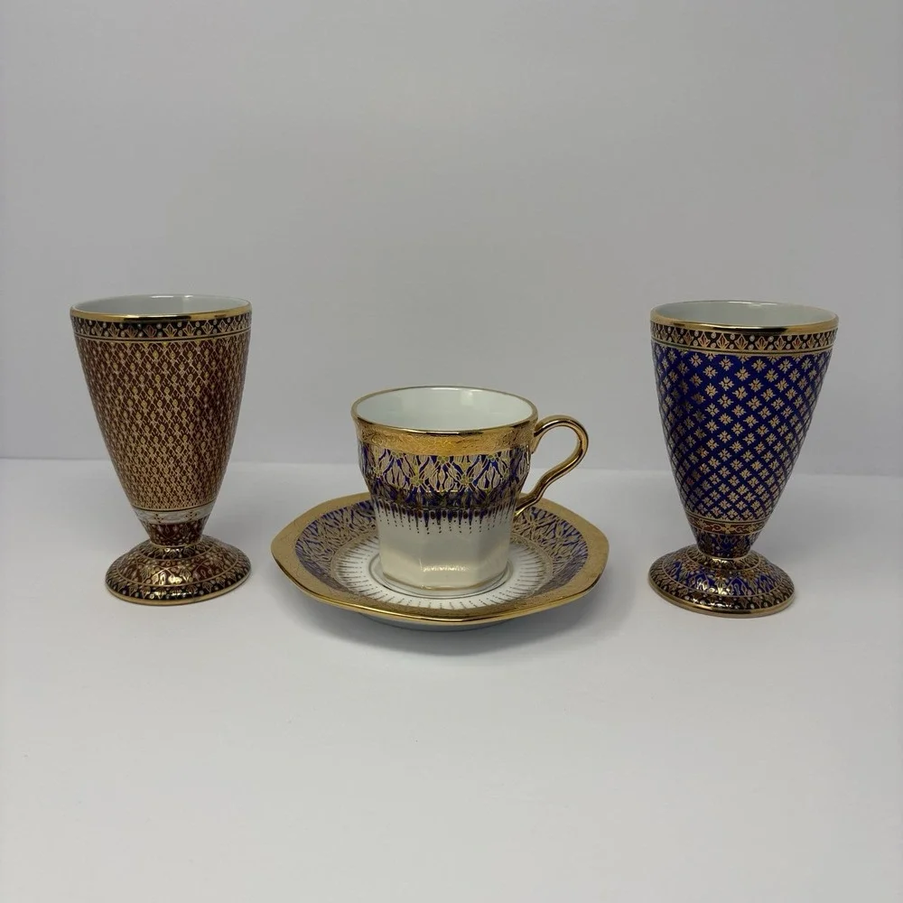 Vintage Thai Benjarong Porcelain Goblets Cup Saucer Set Hand Painted Gold